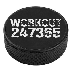 Worn out and scratched text Workout 247365 white Hockey Puck