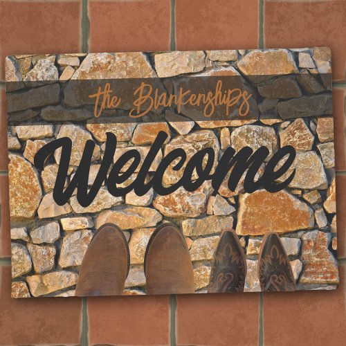 Worn Out Boots on Stone Welcome Custom Doormat