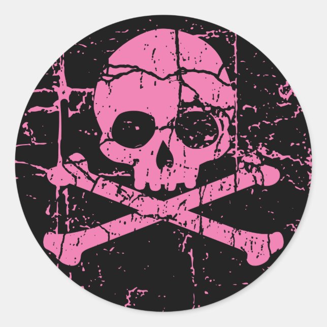 Worn Pink Skull and Crossbones Classic Round Sticker (Front)