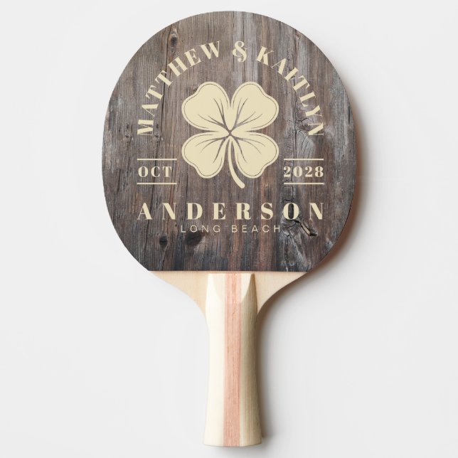Worn Planks Irish Clover Wedding Crest Ping Pong Paddle (Front)