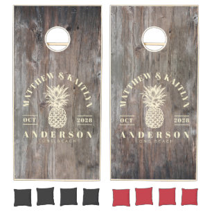Worn Planks Tropical Pineapple Wedding Crest Cornhole Set