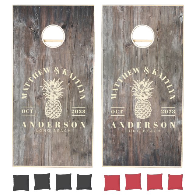 Worn Planks Tropical Pineapple Wedding Crest Cornhole Set (Set)