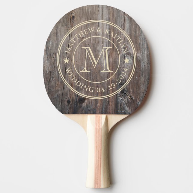 Worn Planks Wedding Monogram Star Ping Pong Paddle (Front)
