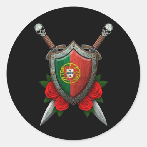 Worn Portuguese Flag Shield and Swords with Roses Classic Round Sticker