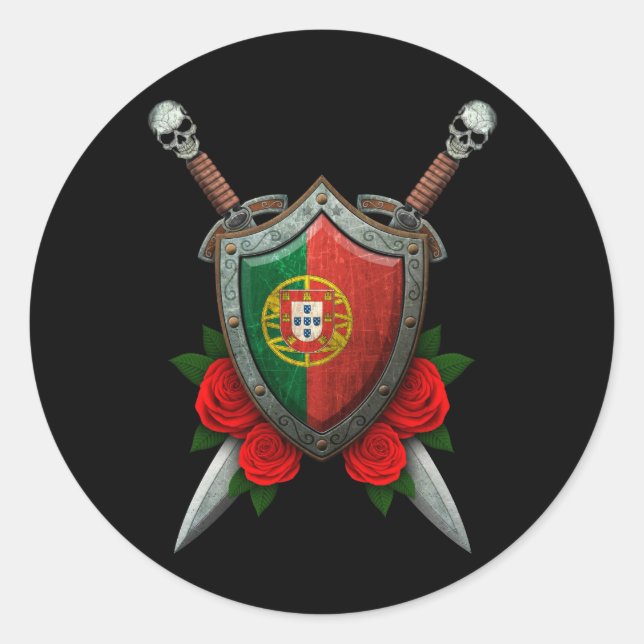Worn Portuguese Flag Shield and Swords with Roses Classic Round Sticker (Front)