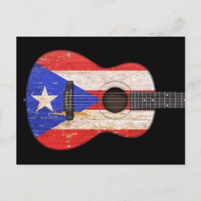 Worn Puerto Rico Flag Acoustic Guitar, black Postcard (Front)