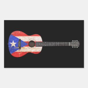 Worn Puerto Rico Flag Acoustic Guitar, black Rectangular Sticker