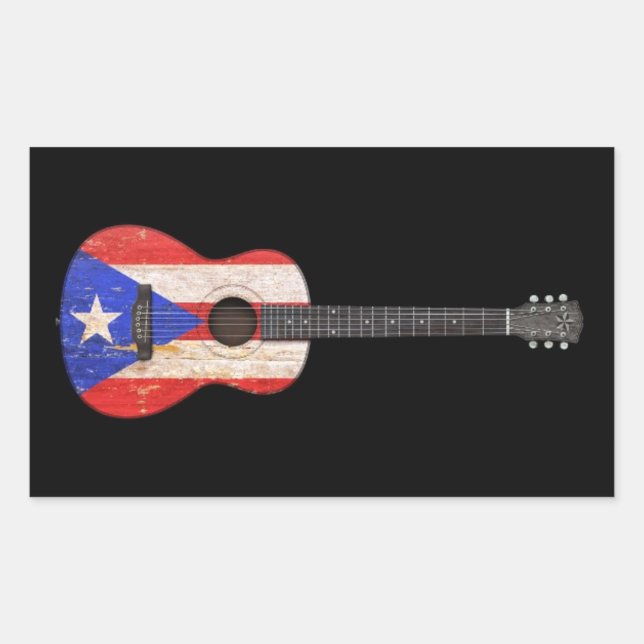 Worn Puerto Rico Flag Acoustic Guitar, black Rectangular Sticker (Front)