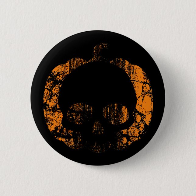 Worn Pumpkin Skull Pinback Button (Front)