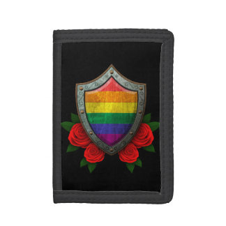 Worn Rainbow Gay Pride Flag Shield with Red Roses Trifold Wallet