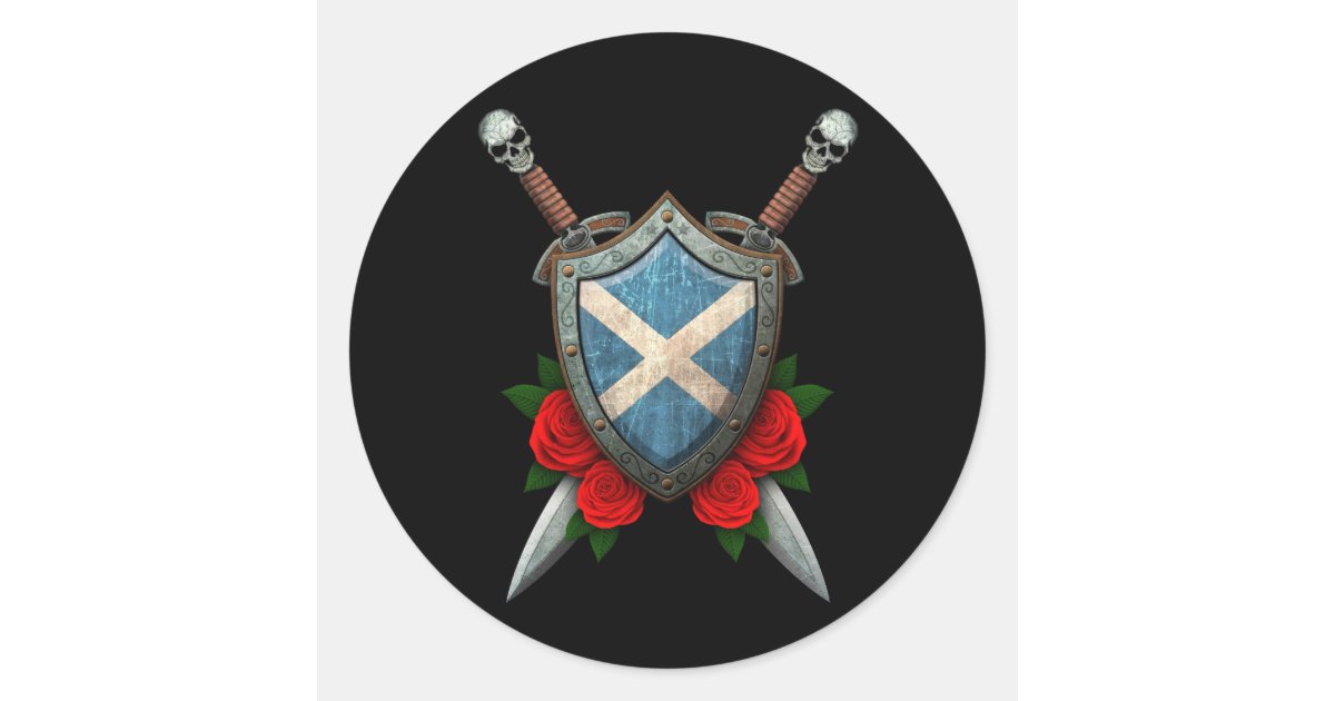 Sca Shields Roses Worn Scottish Flag Shield and Swords with Roses Classic Round Sticker ...