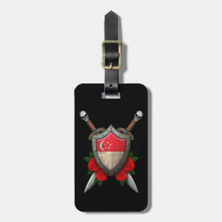 Worn Singapore Flag Shield and Swords with Roses Luggage Tag