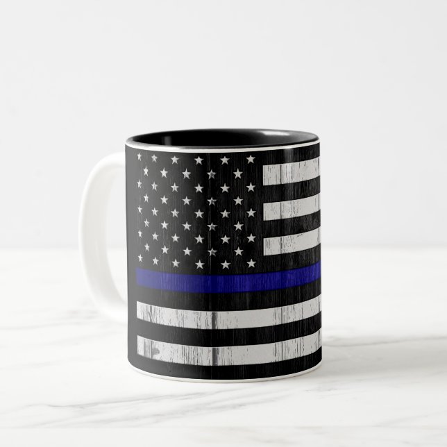 Worn Thin Blue Line Flag Two-Tone Coffee Mug (Front Left)