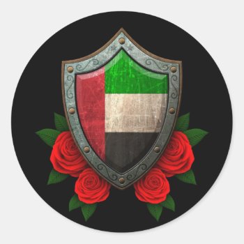 Worn United Arab Emirates Flag Shield With Roses Classic Round Sticker by JeffBartels at Zazzle