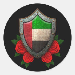 Worn United Arab Emirates Flag Shield with Roses Classic Round Sticker