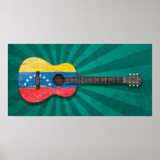Worn Venezuelan Flag Acoustic Guitar, teal Poster