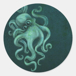 Worn Vintage Octopus Illustration - Blue Classic Round Sticker