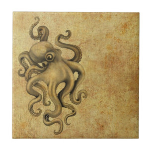 Worn Vintage Octopus Illustration Ceramic Tile