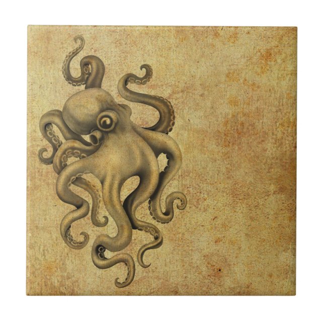 Worn Vintage Octopus Illustration Ceramic Tile (Front)