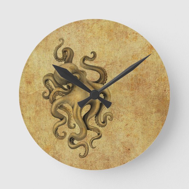 Worn Vintage Octopus Illustration Round Clock (Front)