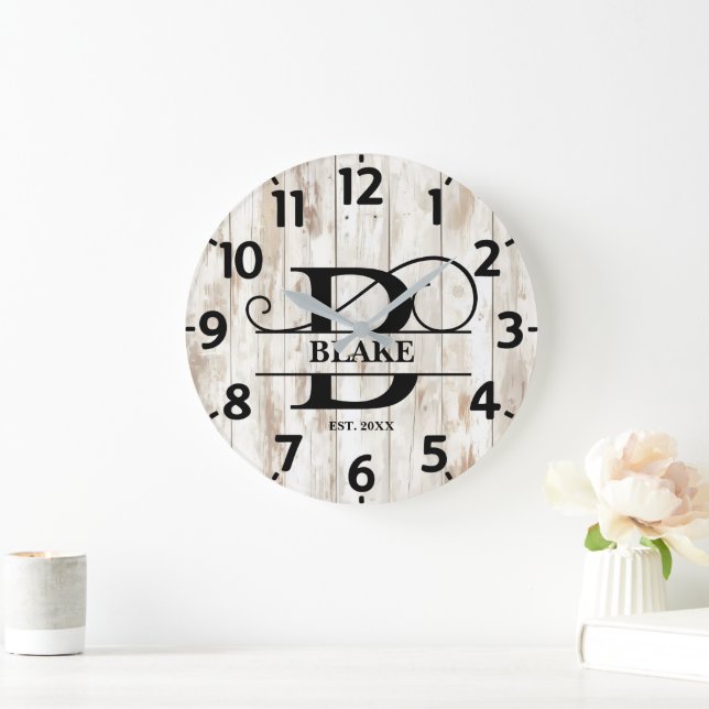 Worn Wood Background B Monogram Large Clock (Home)