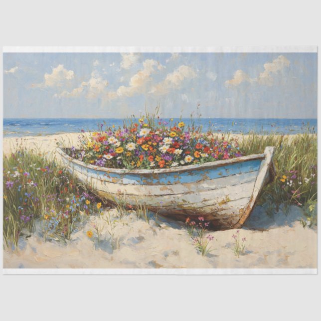 Worn Wood Boat with Wildflowers Decoupage Tissue Paper (Front)