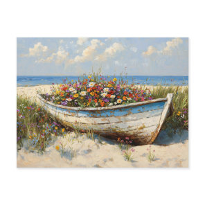 Worn Wood Boat with Wildflowers Postcard