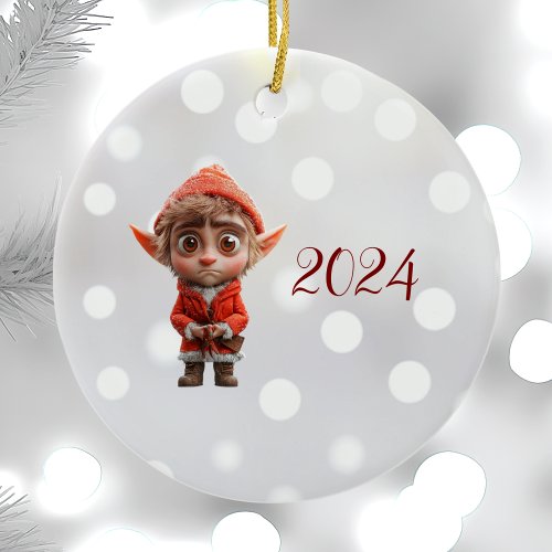 Worried Little Elf Christmas Elf Ceramic Ornament