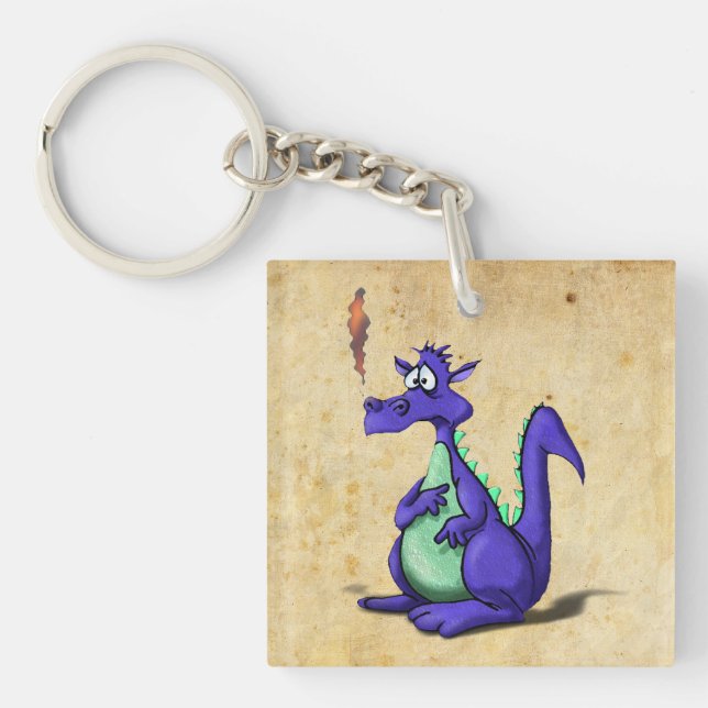 Worried Purple Dragon Cartoon Keychain (Front)