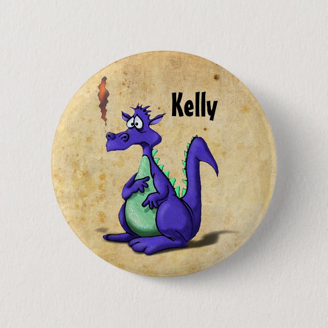 Worried Purple Dragon Cartoon Pinback Button (Front)