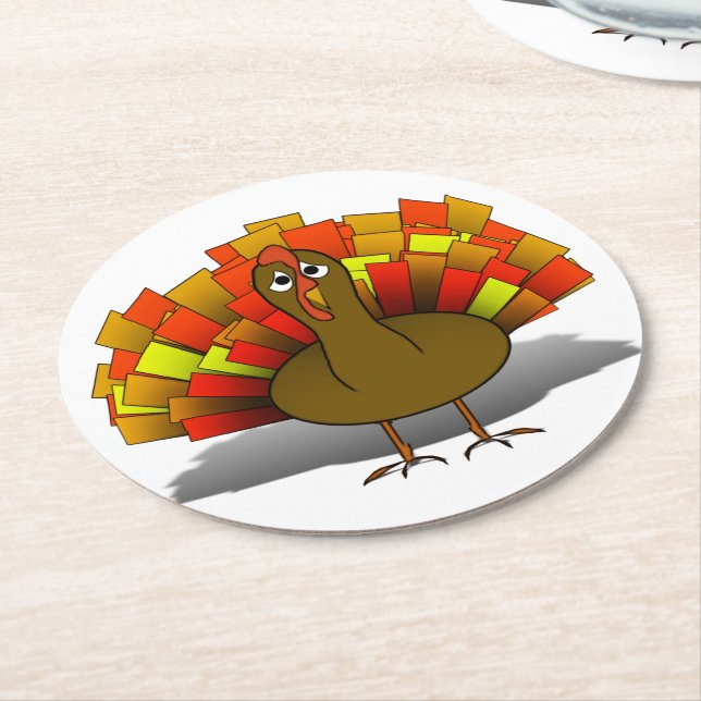 Worried Turkey Thanksgiving Round Paper Coaster (Angled)