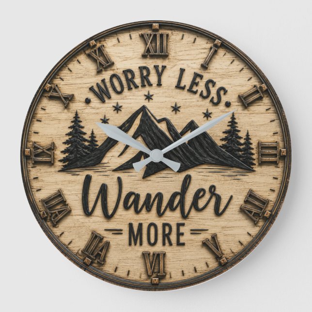Worry Less Wander More Rustic Mountain Cabin Large Clock (Front)