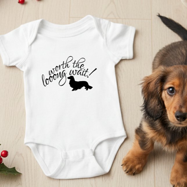 Worth the Long Wait Dachshund Newborn Gift Baby Bodysuit (Long hair wiener dog sibling - worth the long wait!)