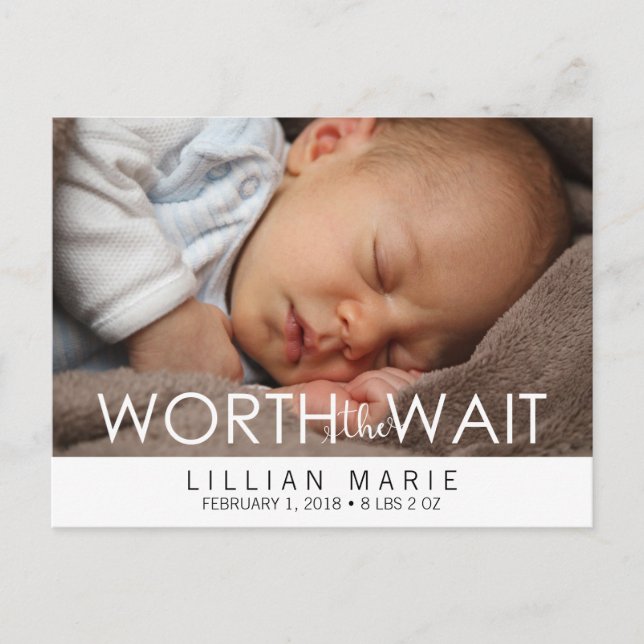 Worth the Wait | Baby Announcement Postcard (Front)