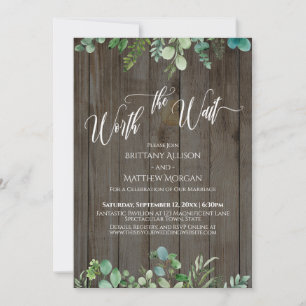 Worth the Wait Eucalyptus Greenery Brown Wood Invitation