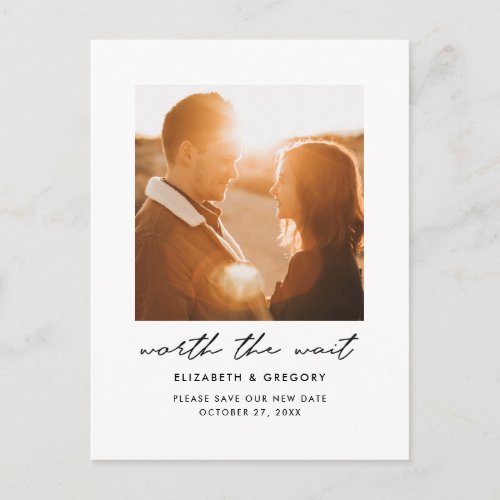 Worth the Wait Wedding Change the Date Announcement Postcard