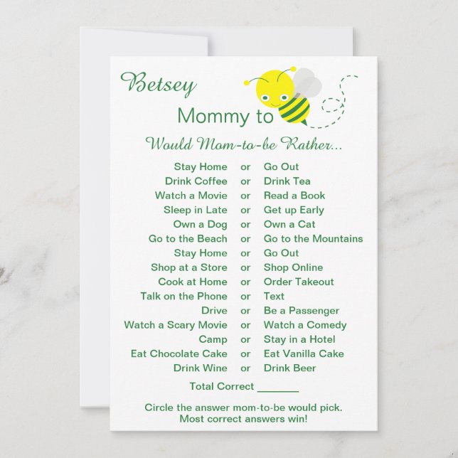Would Mom Rather Baby Shower Game Cards (Front)