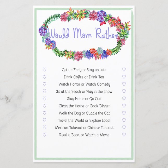 Would Mom Rather Succulent Baby Shower Game (Front)