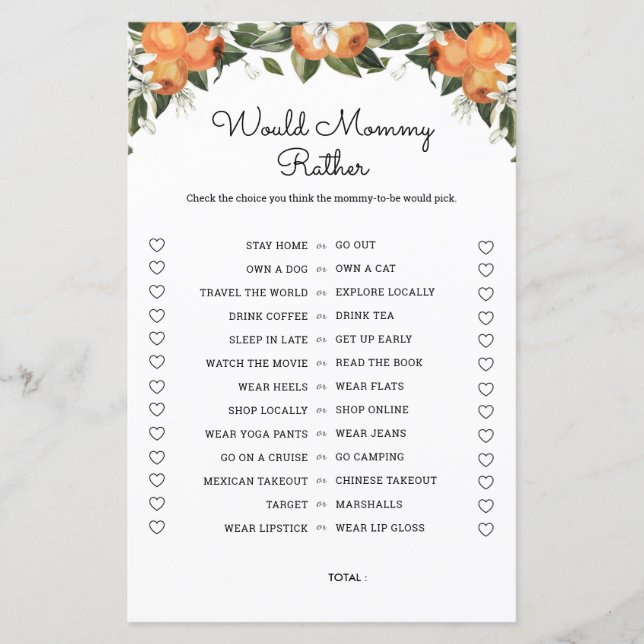 Would Mommy Rather Cutie Baby Shower Game Cards (Front)