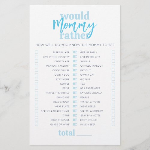 Would Mommy Rather Light Blue Baby Shower Game