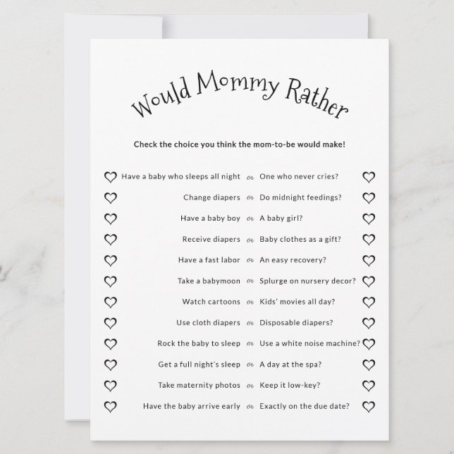Would Mommy Rather Minimalist Baby Shower Game Card (Front)