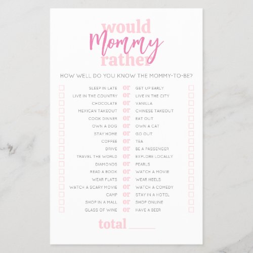 Would Mommy Rather Pink Baby Shower Game