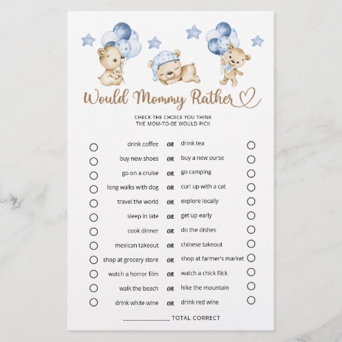 Would Mommy Rather Teddy Bear Boy Baby Shower 