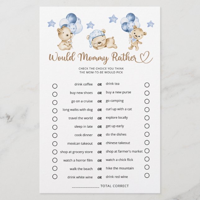Would Mommy Rather Teddy Bear Boy Baby Shower  (Front)