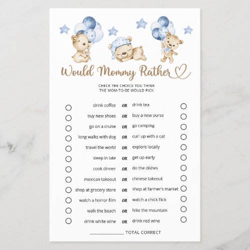 Would Mommy Rather Teddy Bear Boy Baby Shower 