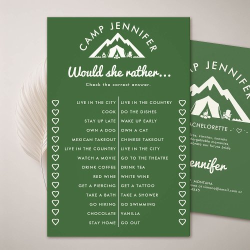 Would Rather Camp Bachelorette Party Game Green Flyer