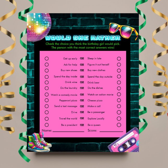 Would she rather? 90s Neon Disco Birthday Game (Creator Uploaded)