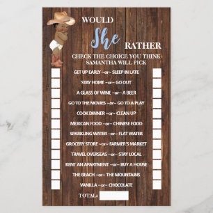 Would She Rather AA Cowboy Baby Shower Game Card Flyer