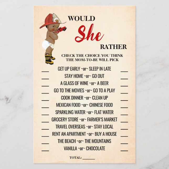 Would She Rather AA Fireman Baby Shower Game Card Flyer (Front)