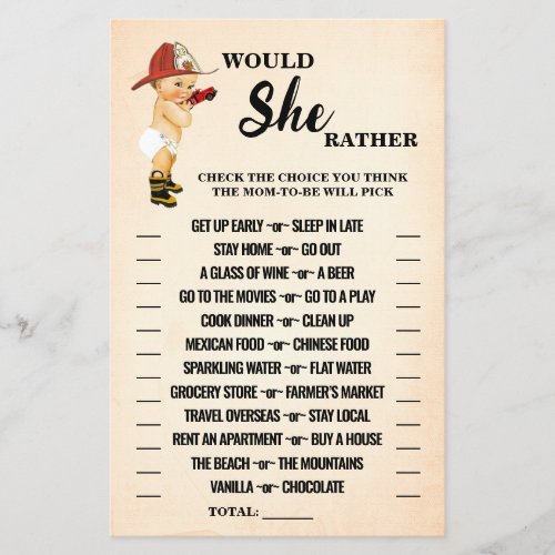 Would She Rather Baby Firefighter Shower Game Card Flyer